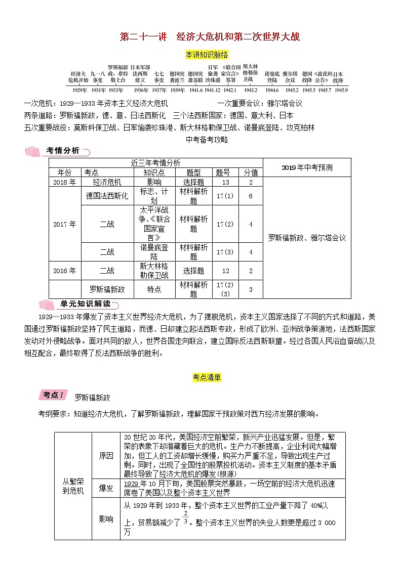中考历史总复习 模块4世界现代史第21讲《经济大危机和第二次世界大战》精讲试题（含答案）01