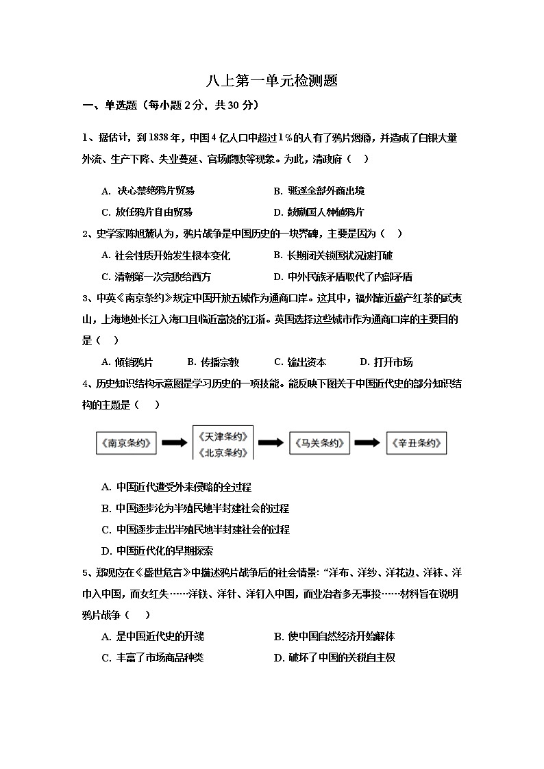 人教部编版八年级上册第一单元中国开始沦为半殖民地半封建社会 检测题（含答案）01