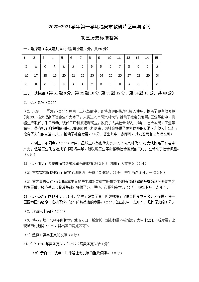 初三上历史半期考答案2020.11第1页