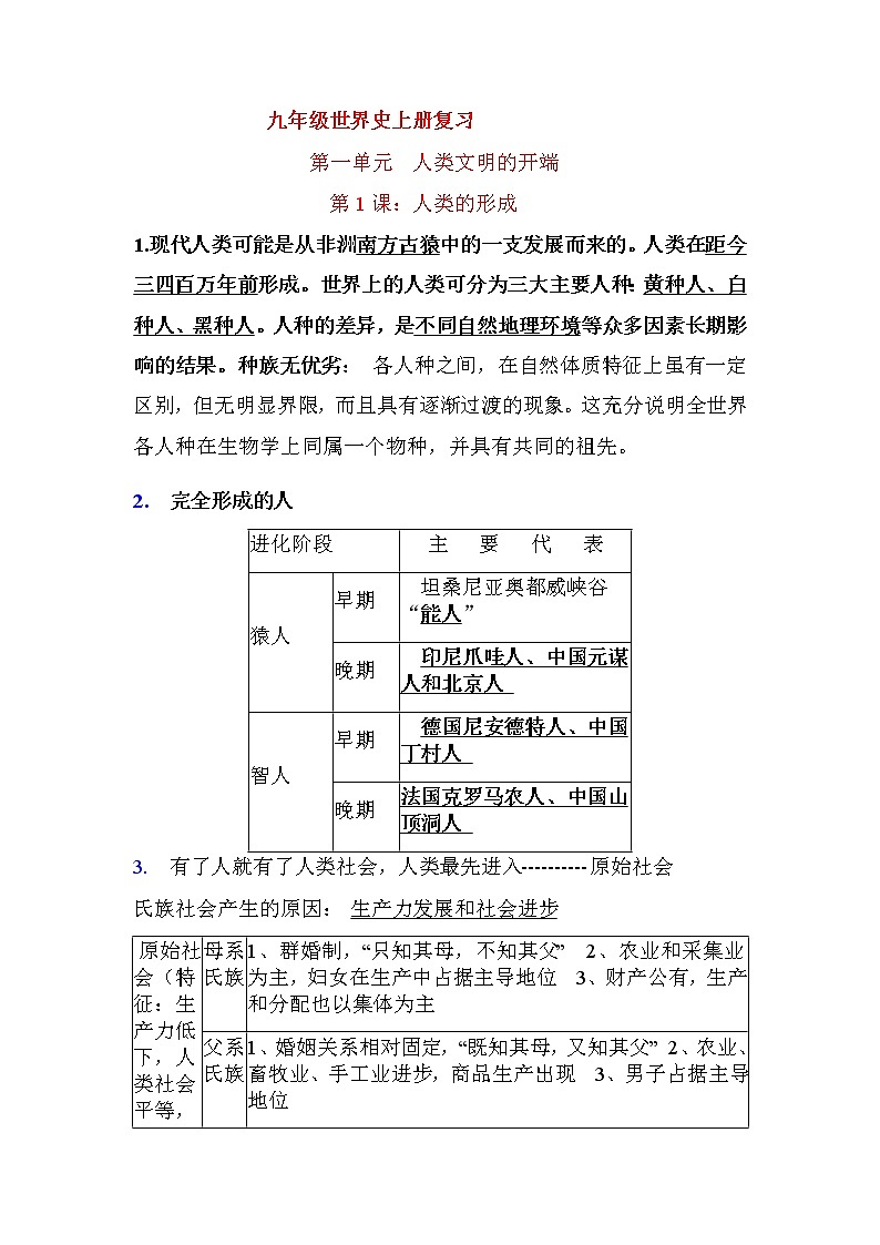 2020最新人教版九年级上册历史复习学案第1页