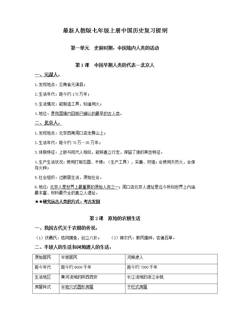 2020最新人教版七年级上册中国历史复习学案01