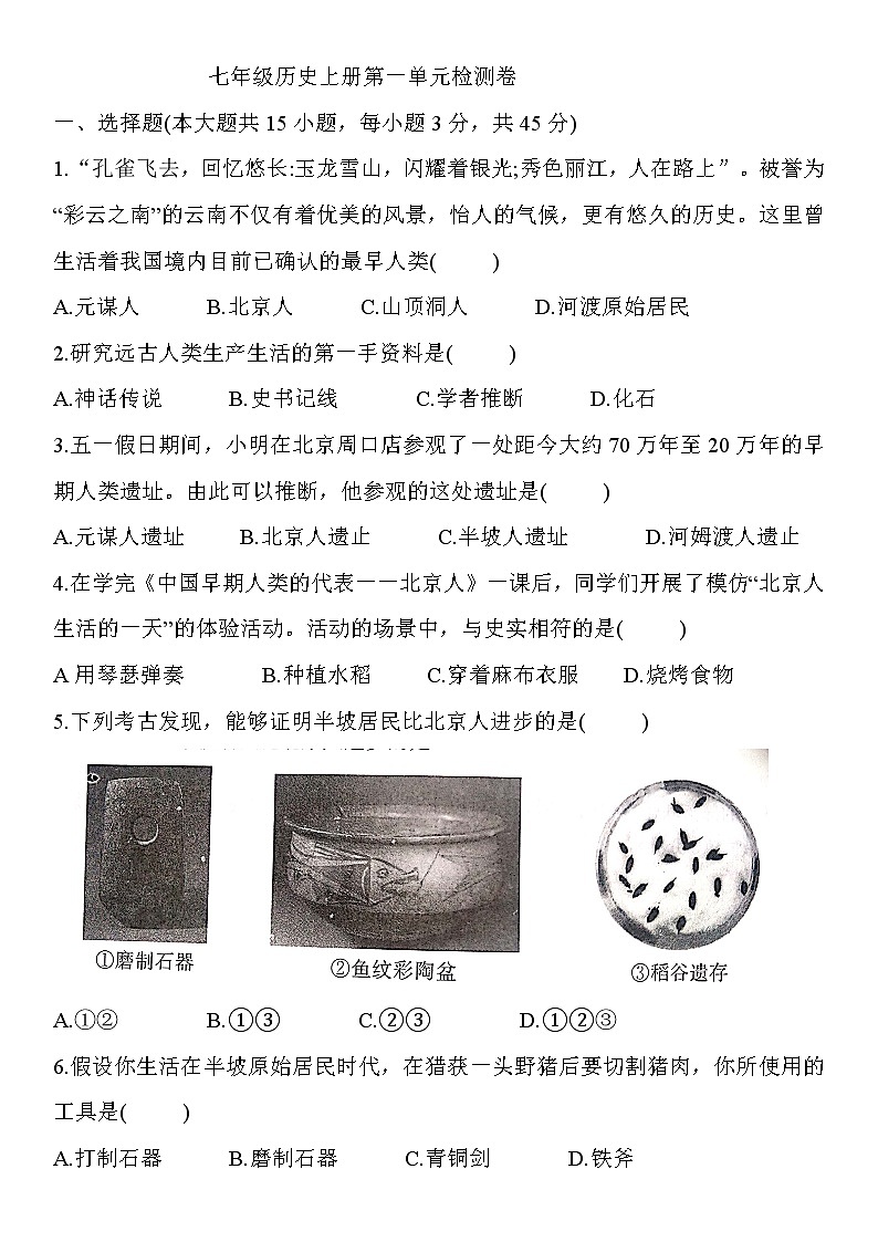 人教部编版七年级历史上册第一单元史前时期：中国境内的人类活动  单元检测卷01