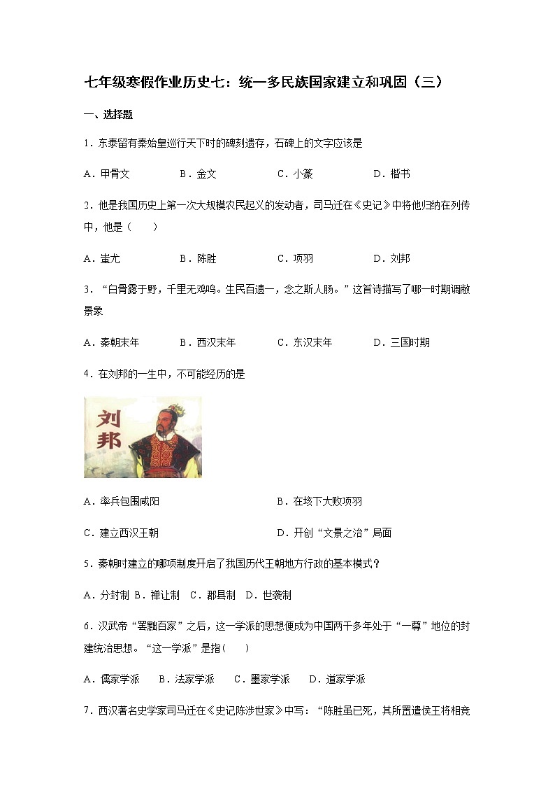 2020-2021学年七年级寒假作业历史七：第三单元 秦汉时期：统一多民族国家的建立和巩固（三）第1页