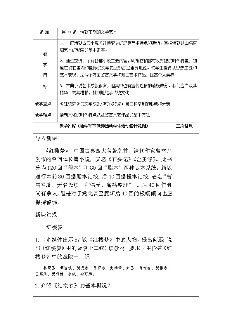 人教部编版七年级历史下册第21课清朝前期的文学艺术教案01