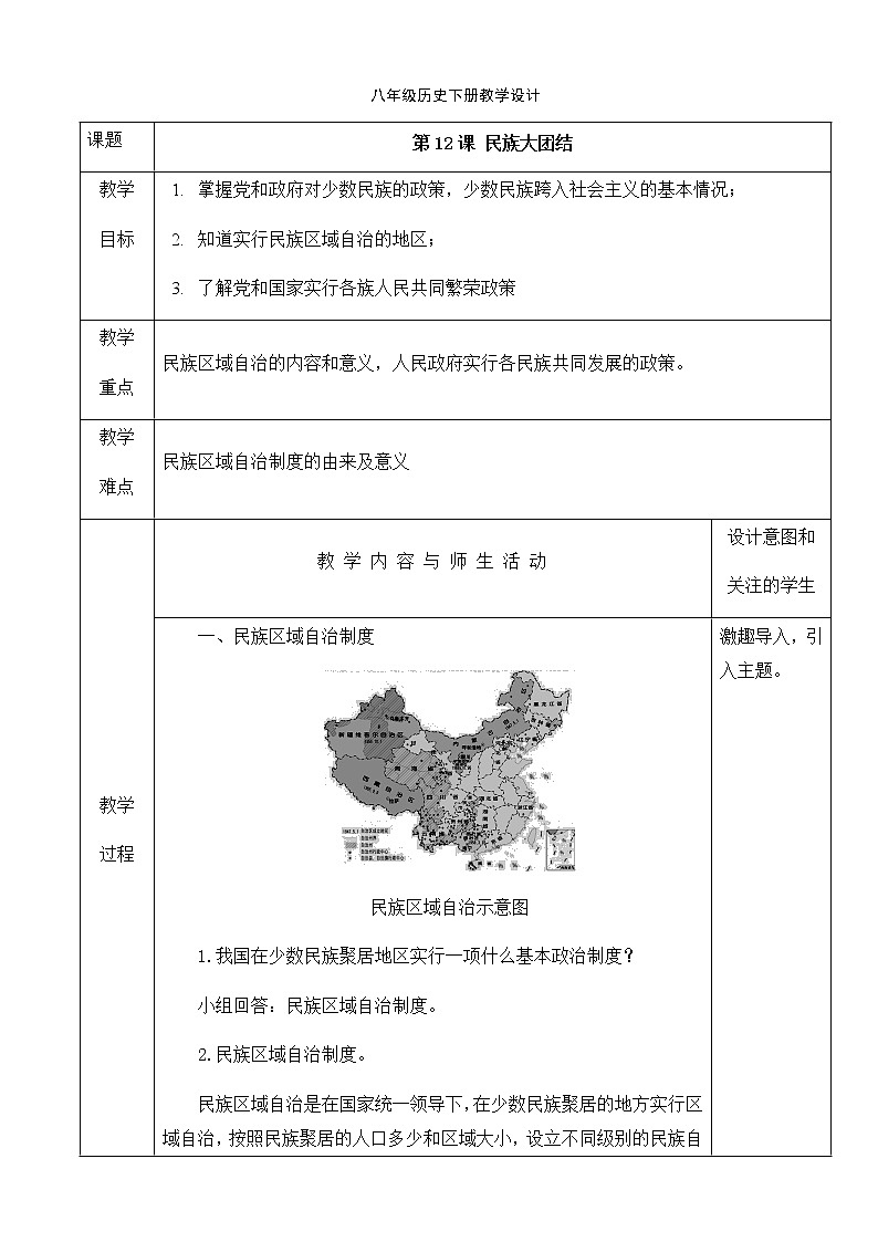 人教版八年级历史下册教学设计：第12课 民族大团结01