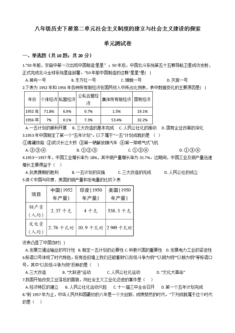人教部编版八年级历史下册第二单元社会主义制度的建立与社会主义建设的探索 单元测试卷（word版，含答案）01
