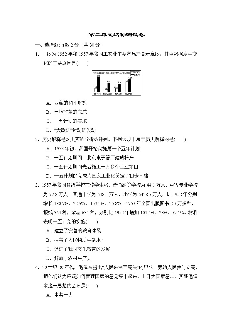 部编版2020-2021学年八年级下册历史 第二单元社会主义制度的建立与社会主义建设的探索-达标测试卷01
