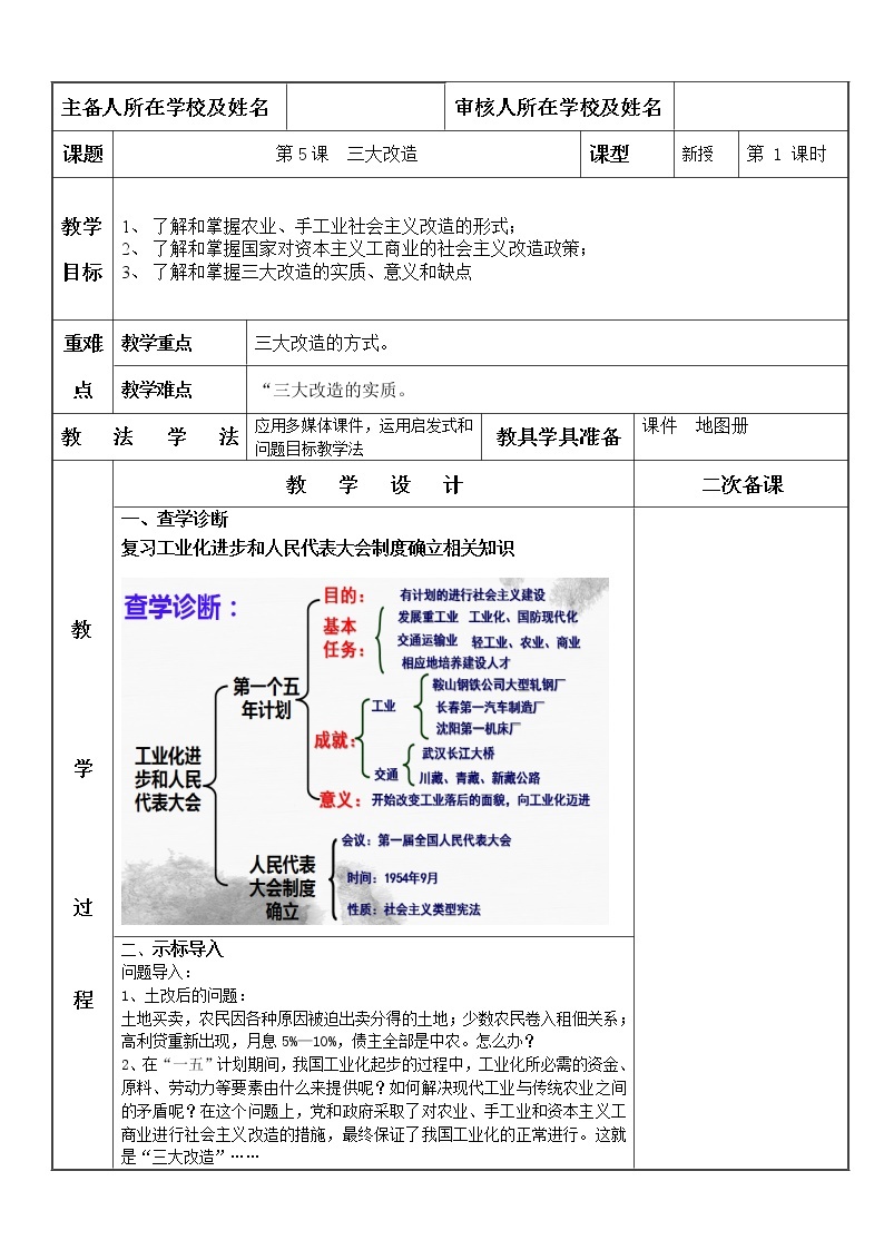 第5课 三大改造-【金牌教案】八下历史备课教案（部编版）01