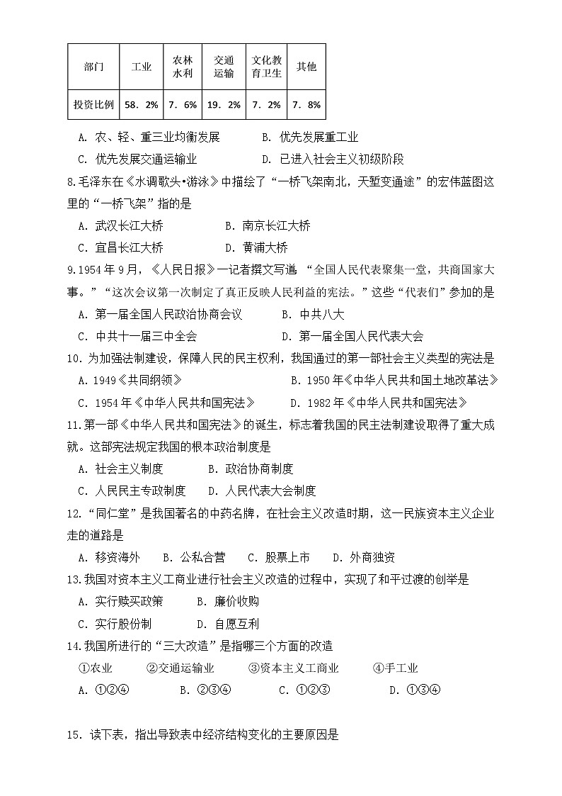福建省福州市平潭县2019—2020学年部编版八年级下册历史期中测试（word版 含答案）第2页