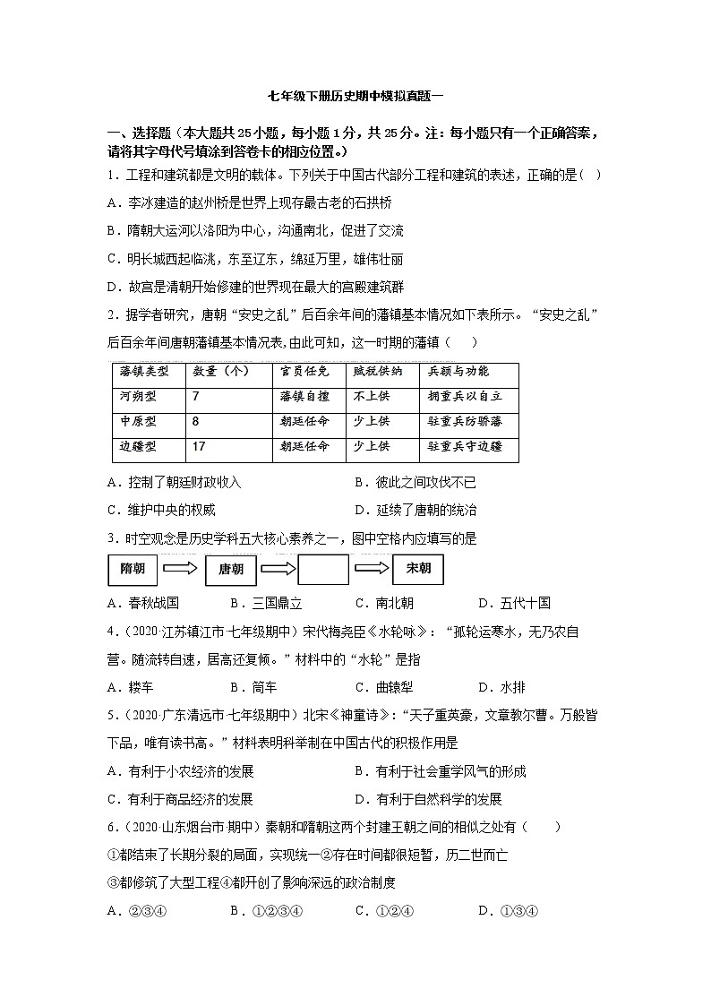 部编版2020-2021学年历史七年级下册 期中模拟仿真卷（A）（word版 含答案）01