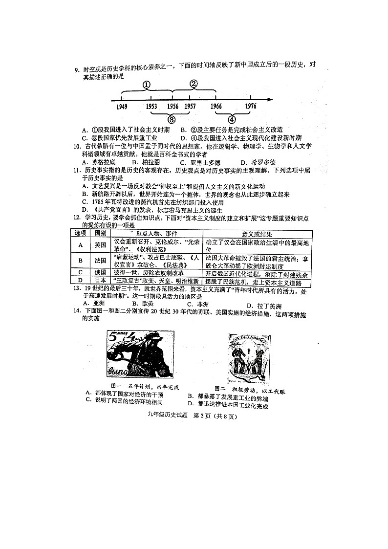 山东省泰安肥城市2020-2021学年部编版九年级下学期期中教学质量监测历史试题（扫描版，无答案）03