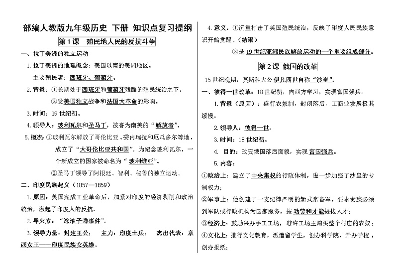 部编人教版-九年级历史下册全册知识点复习提纲第1页