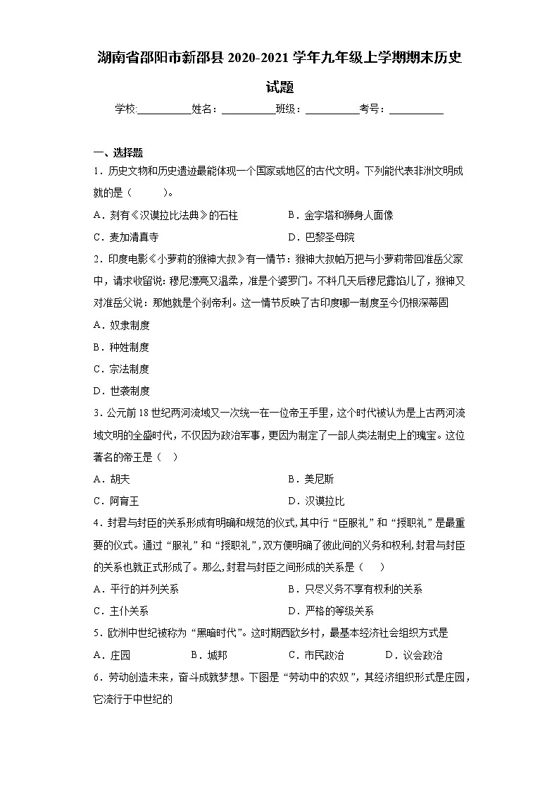 湖南省邵阳市新邵县2020-2021学年九年级上学期期末历史试题（word版 含答案）01