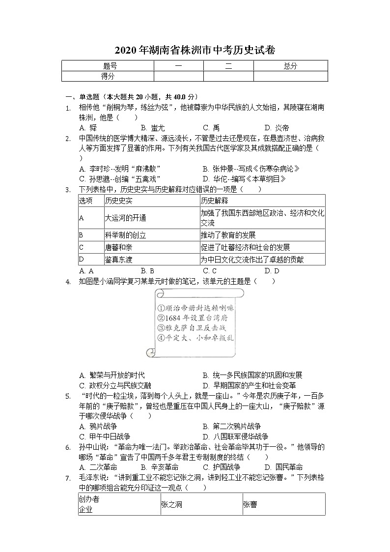 2020年湖南省株洲市中考历史试卷01
