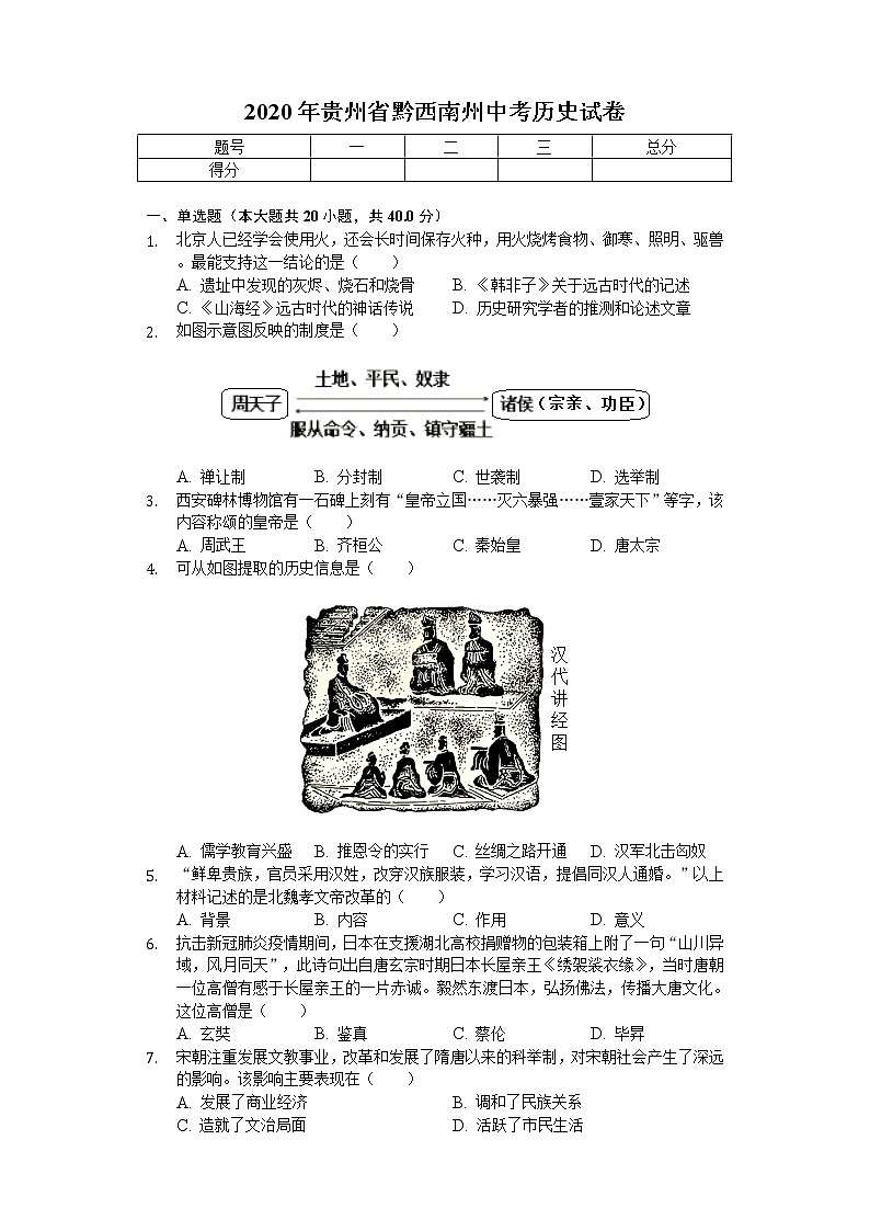 2020年贵州省黔西南州中考历史试卷01