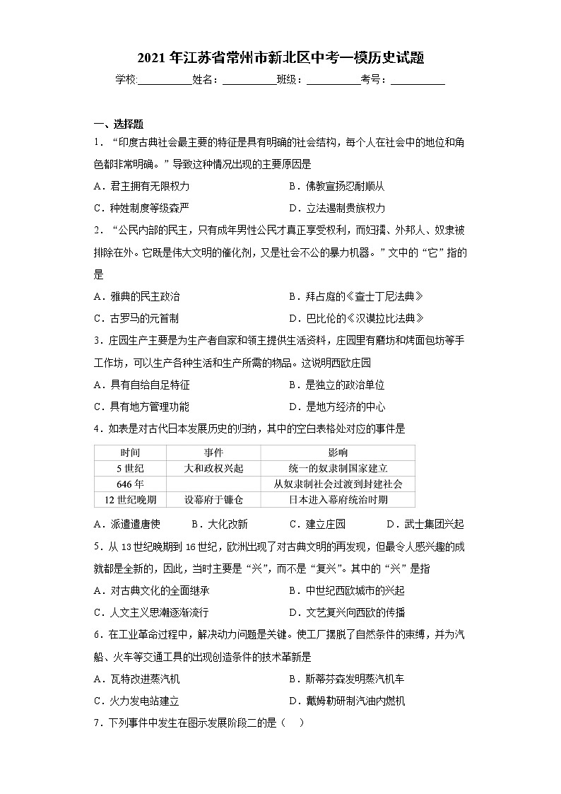 2021年江苏省常州市新北区中考一模历史试题（word版 含答案）01