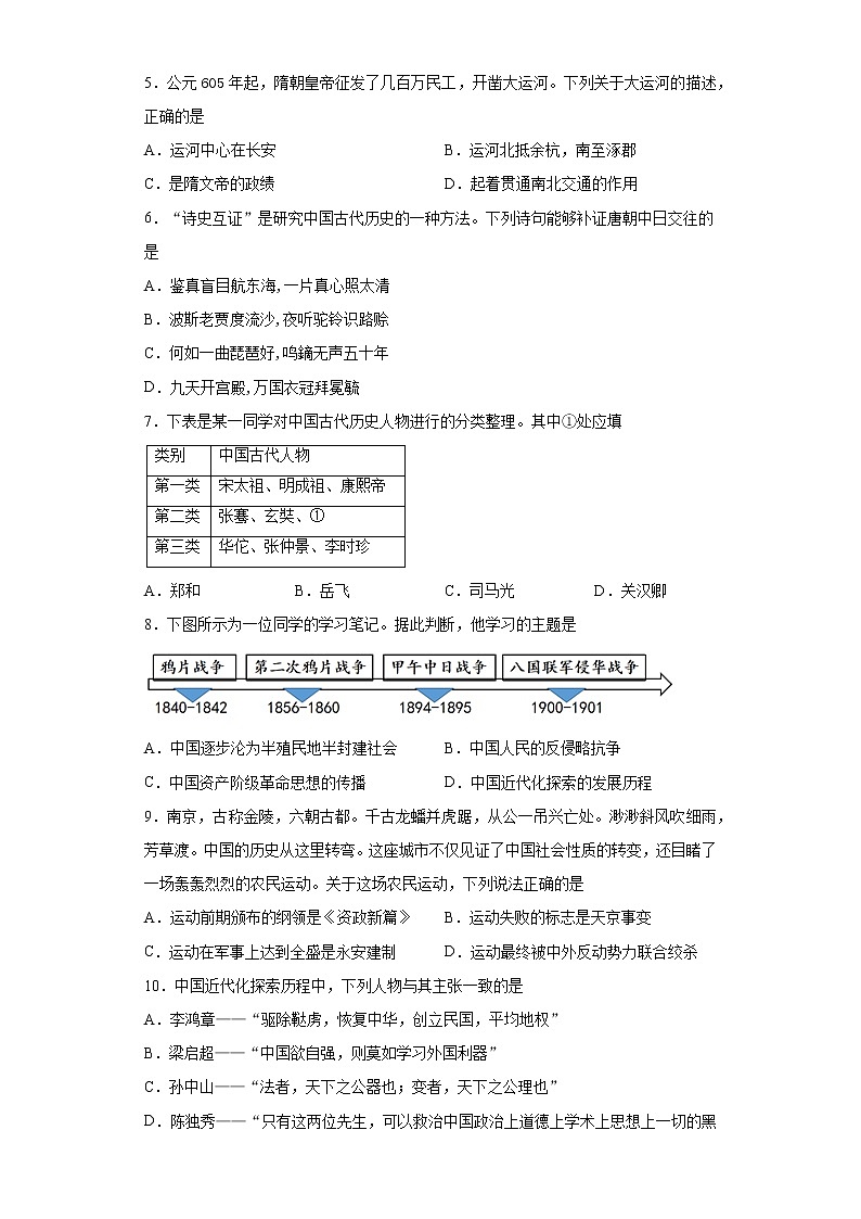 2021年山东省滨州市滨城区中考二模历史试题（word版 含答案）02