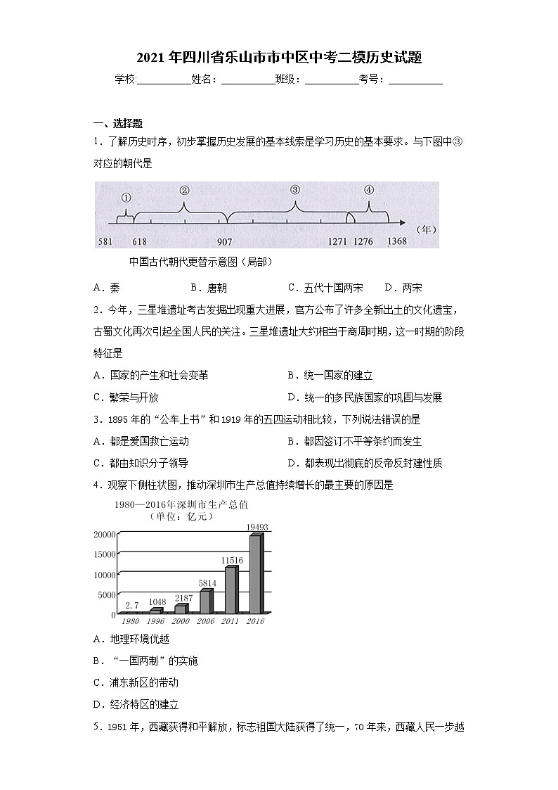 2021年四川省乐山市市中区中考二模历史试题（word版 含答案）01