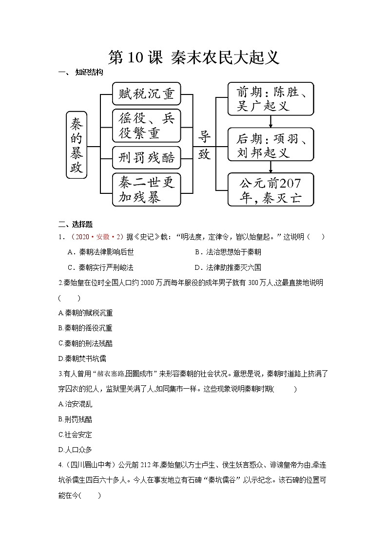 人教部编版初中历史（五四制）第一册第10课 秦末农民大起义 同步练习9（含答案）01