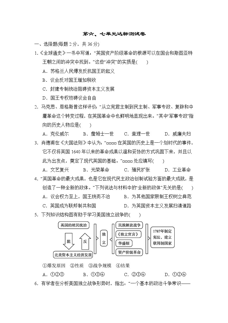 人教版九年级上册历史 第六、七单元达标测试卷（含答案解析）01