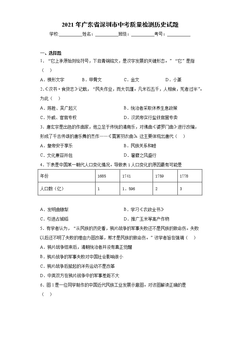 2021年广东省深圳市中考质量检测历史试题（word版含答案）第1页