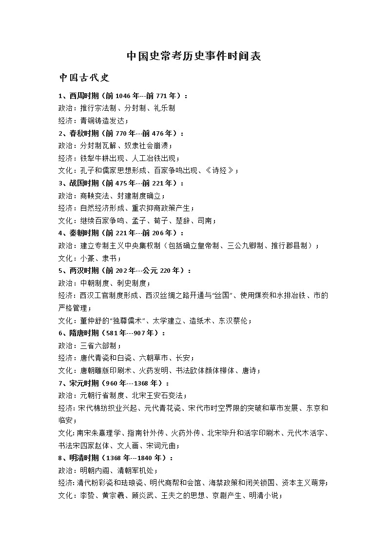 湖南岳阳市2021年中考部编版中国史常考历史事件时间表第1页