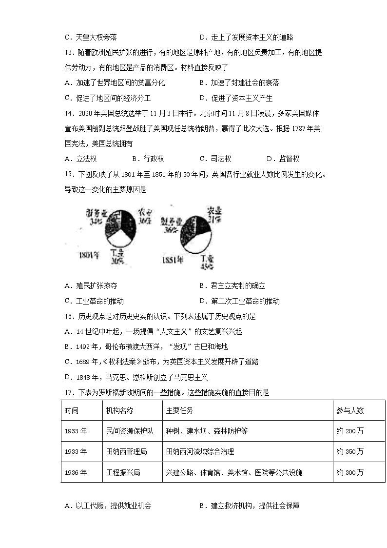 2021年江苏省盐城市射阳县中考三模历史试题（word版 含答案）03