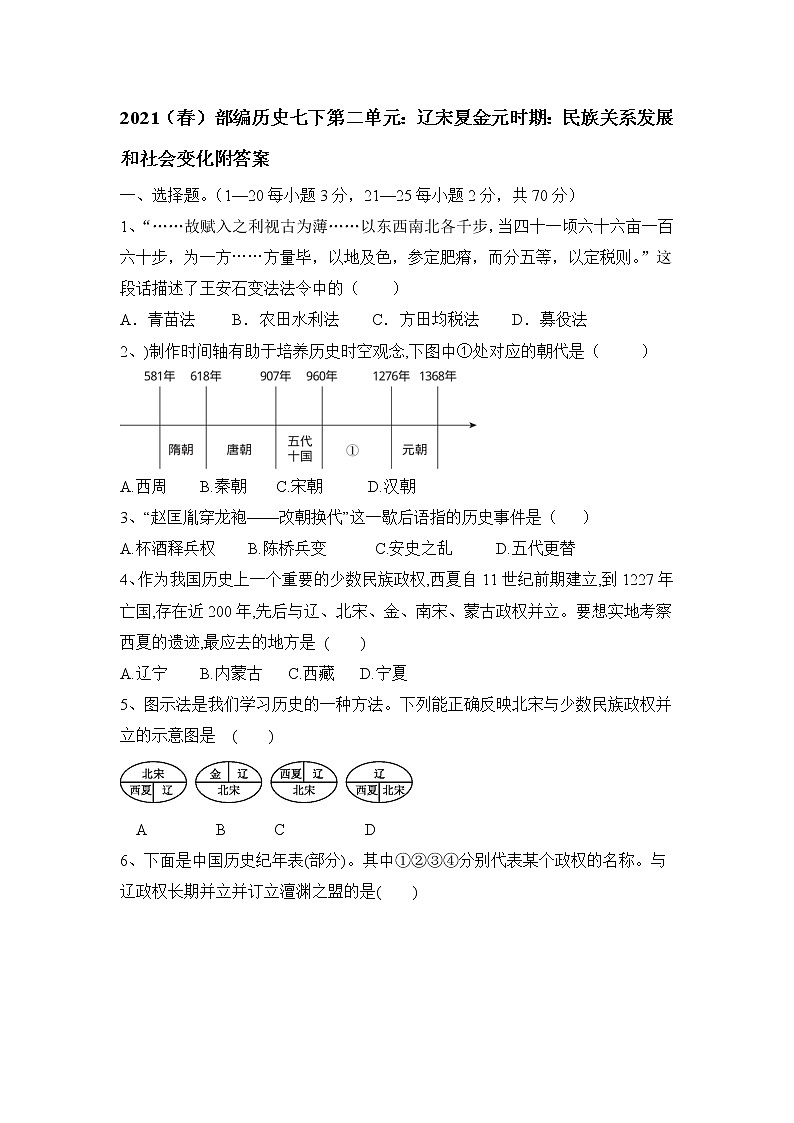 部编版历史七年级下册 第二单元辽宋夏金元时期：民族关系发展和社会变化单元测试及答案01