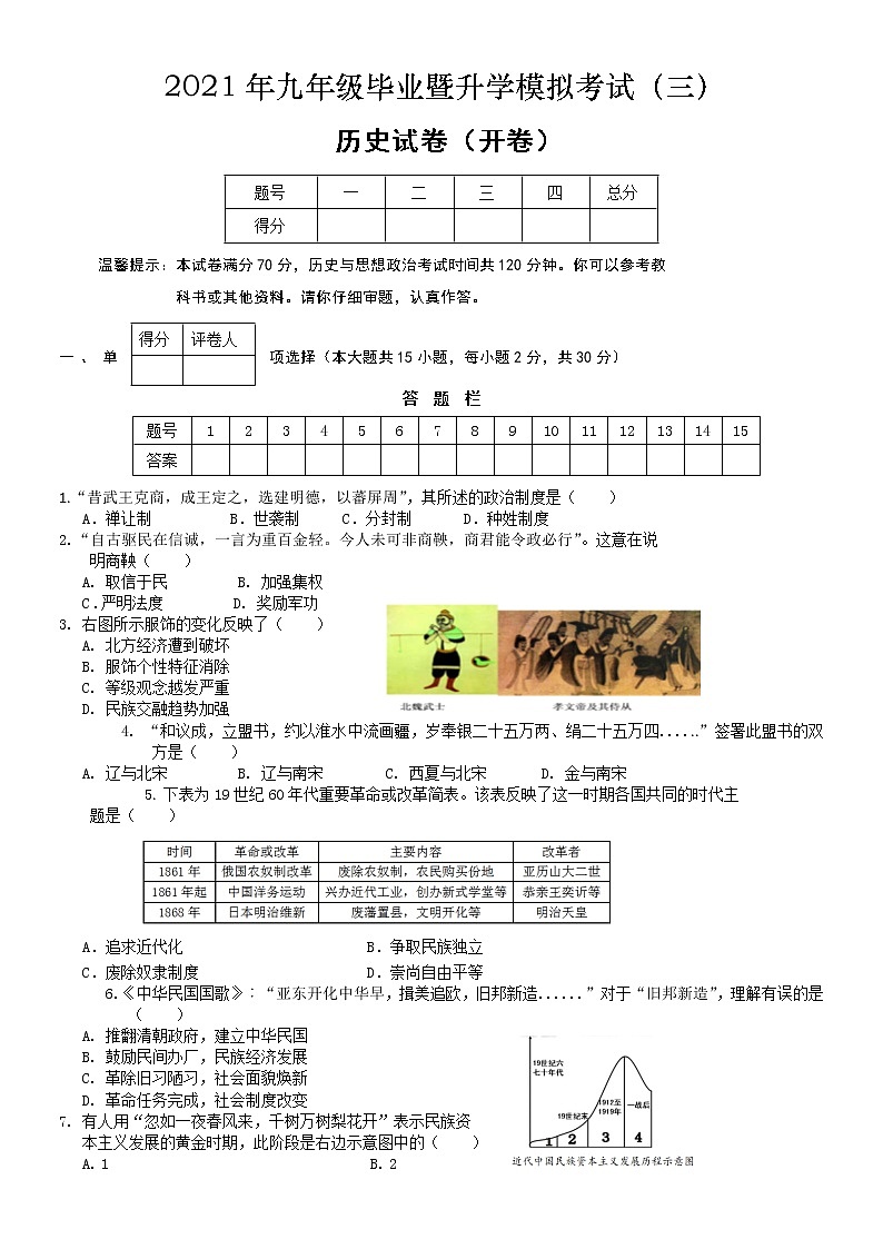 【历史模拟】芜湖市2021年九年级毕业暨升学模拟考试01