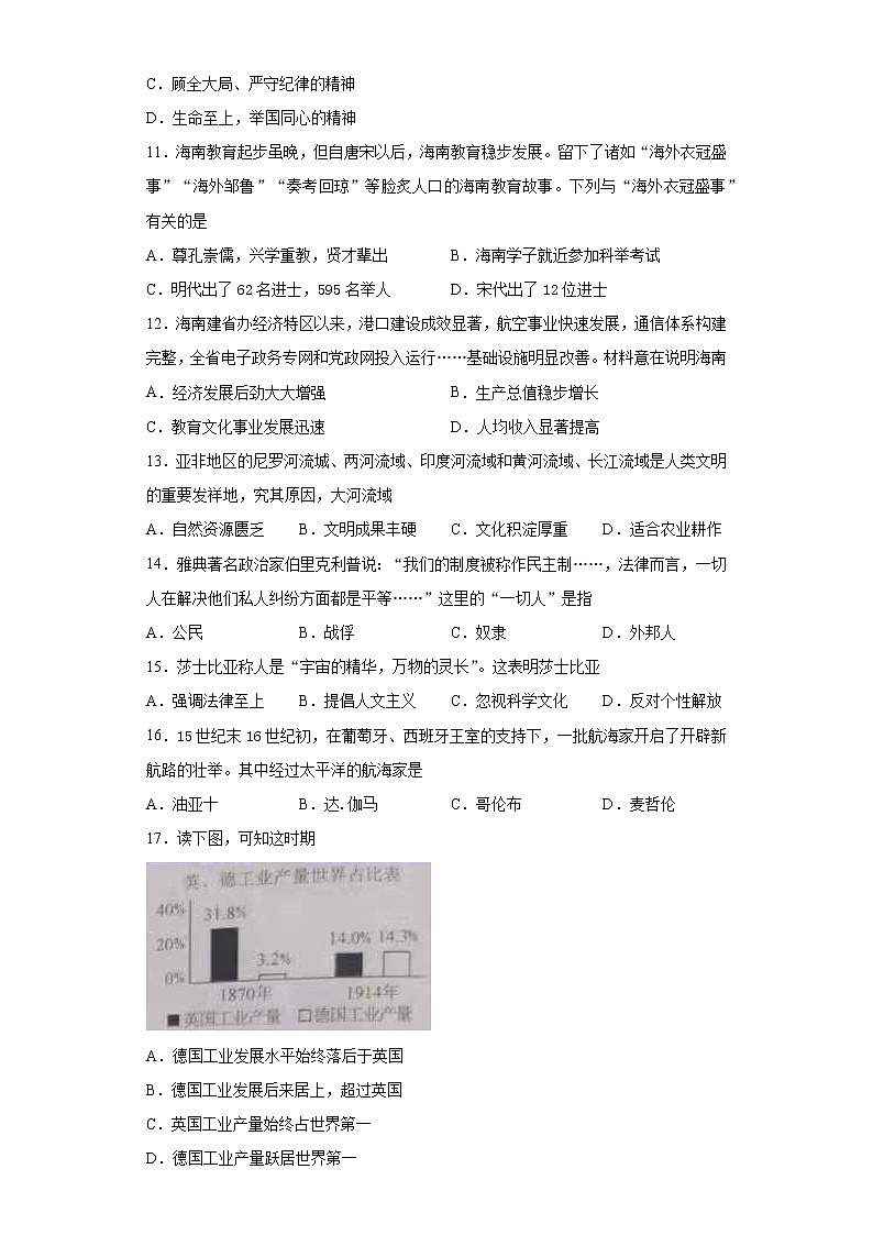 2021年海南省中考历史试题及答案（word版）03