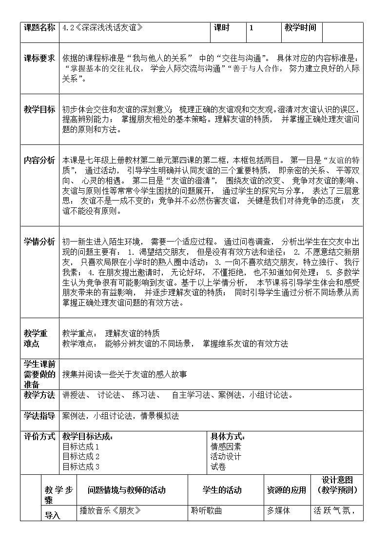 4.2 深深浅浅话友谊 教案 2021-2022学年部编版道德与法治七年级上册第1页