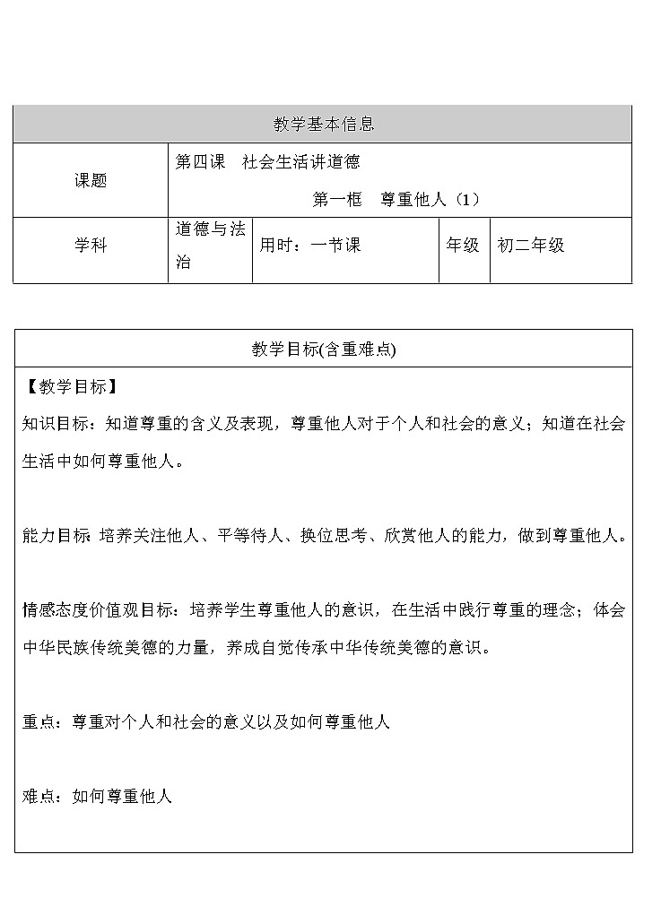 2021-2022学年部编版道德与法治八年级上册 4.1 尊重他人 教案第1页