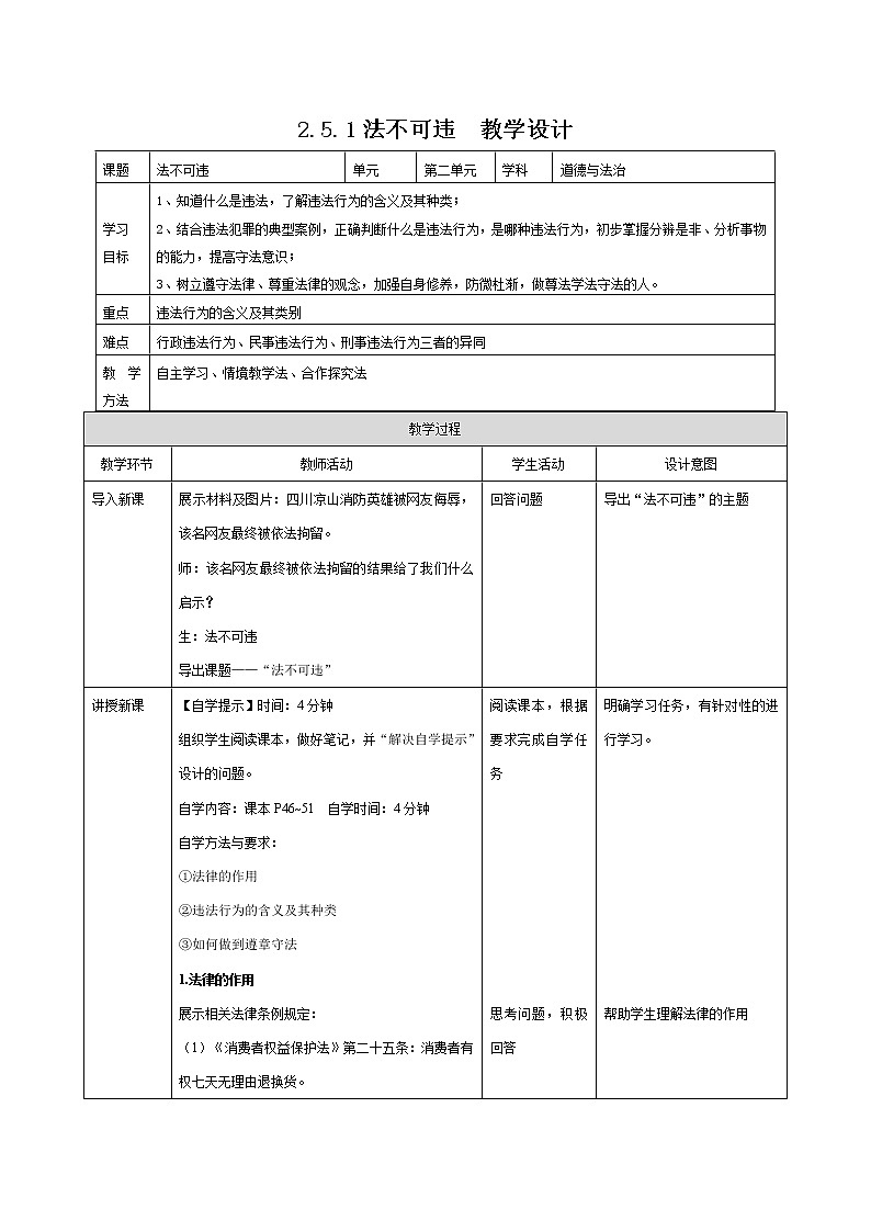 2021-2022学年部编版道德与法治八年级上册5.1 法不可违 教案01