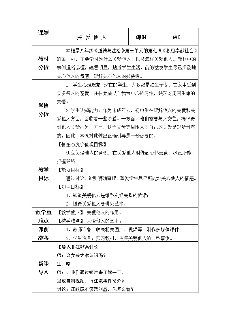 2021-2022学年部编版道德与法治八年级上册7.1 关爱他人  教案01