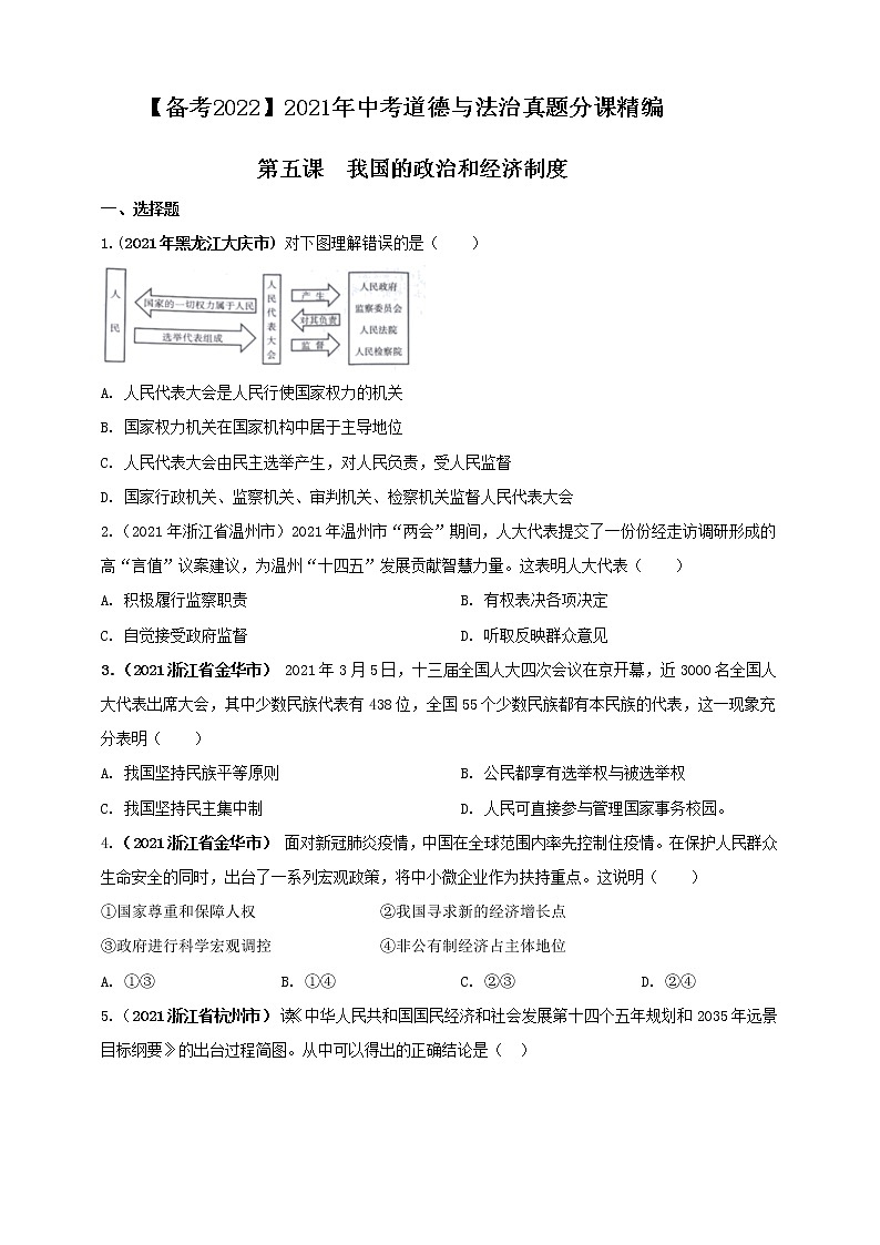 【备考2022】2021年中考道德与法治真题分课精编八下第五课《我国的政治和经济制度》原卷第1页