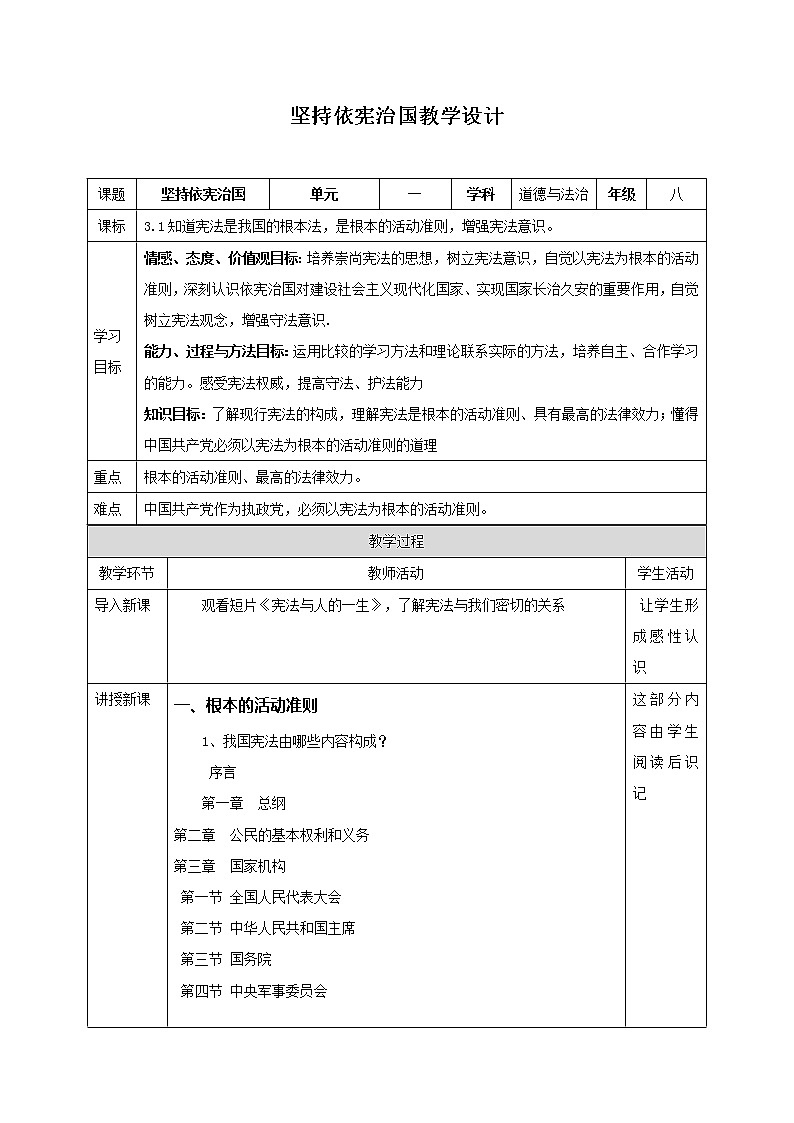 2.1 坚持依宪治国 教学设计 2020-2021学年部编版道德与法治八年级下册第1页
