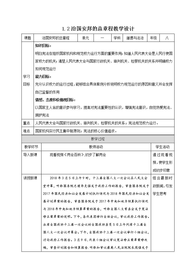 1.2 治国安邦的总章程 教学设计 2020-2021学年部编版道德与法治八年级下册01