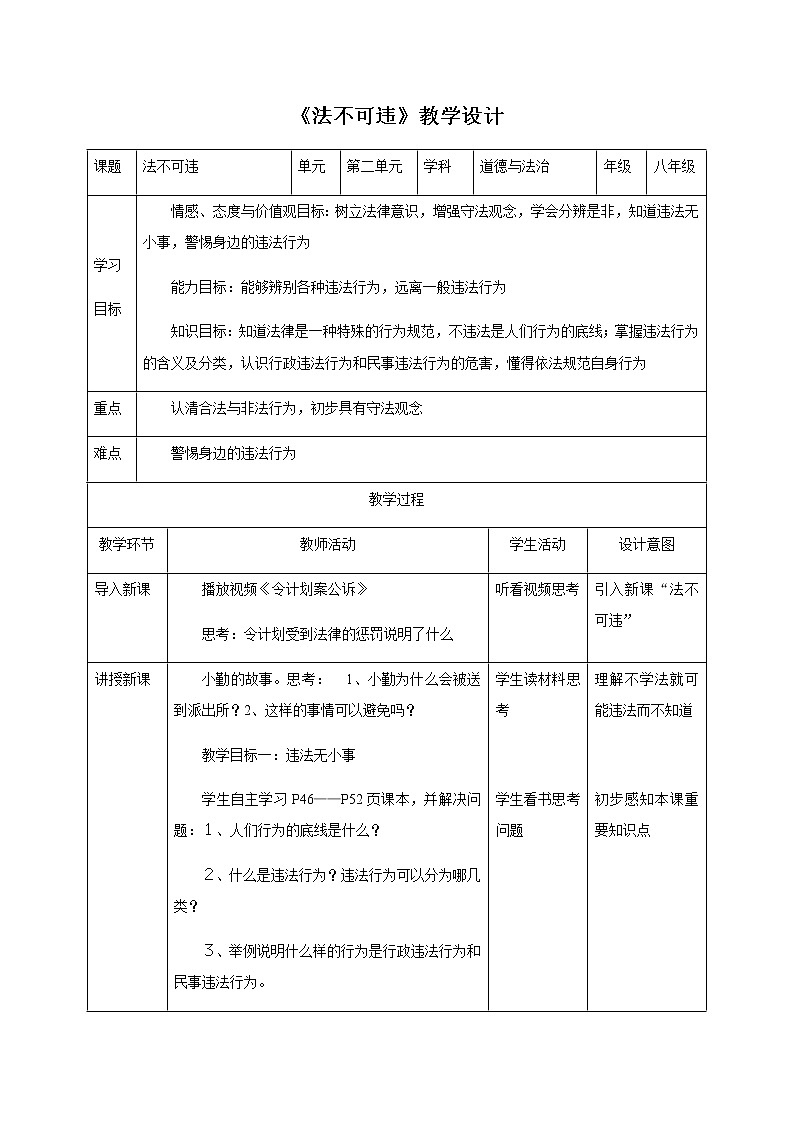 5.1法不可违 教案-人教部编版八年级道德与法治上册教案第1页