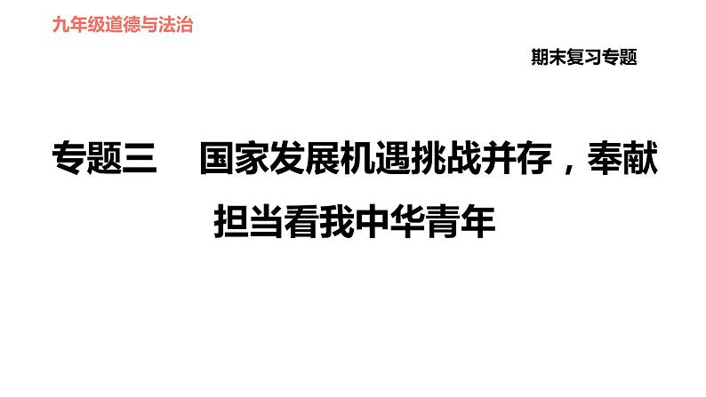 人教版（河北专版）九年级下册道德与法治课件 期末复习专题 3.专题三 国家发展机遇挑战并存，奉献担当看我中华青年01