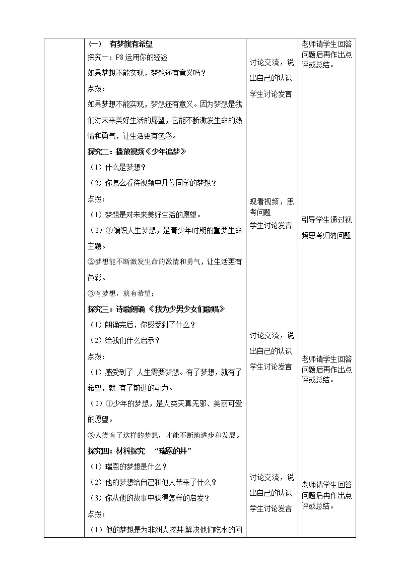 部编版七年级道德与法治－1.2《少年有梦》教学设计02