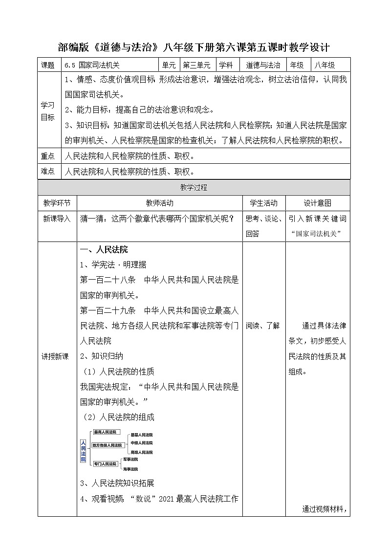 6.5  国家司法机关  教学设计第1页
