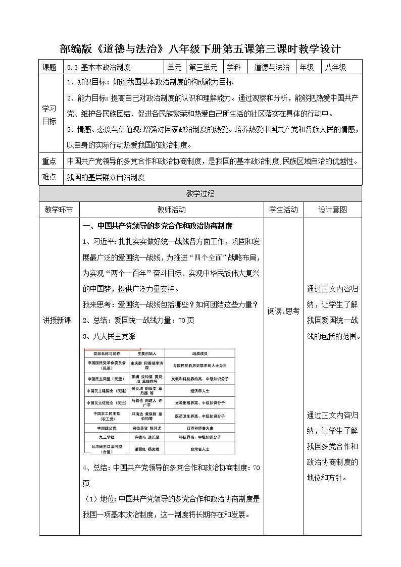 5.3基本政治制度 教学设计第1页
