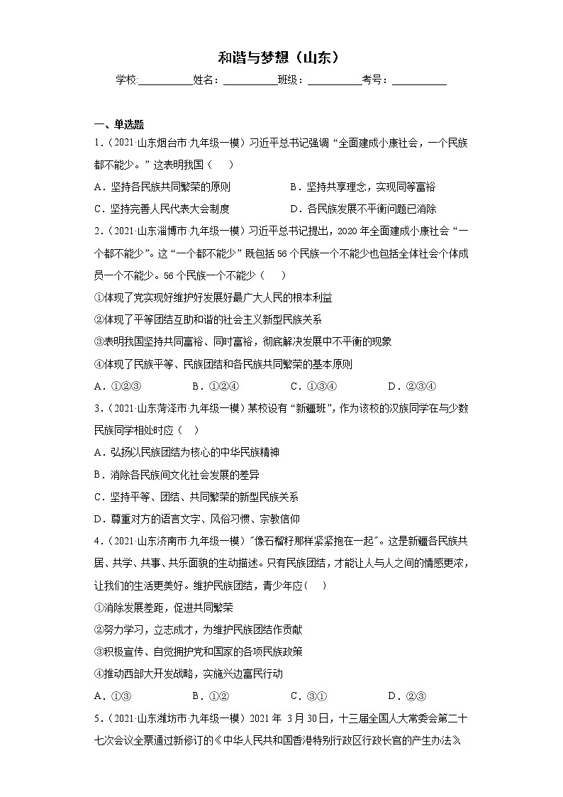 九年级上册 第四单元 和谐与梦想和谐与梦想（山东）练习题第1页