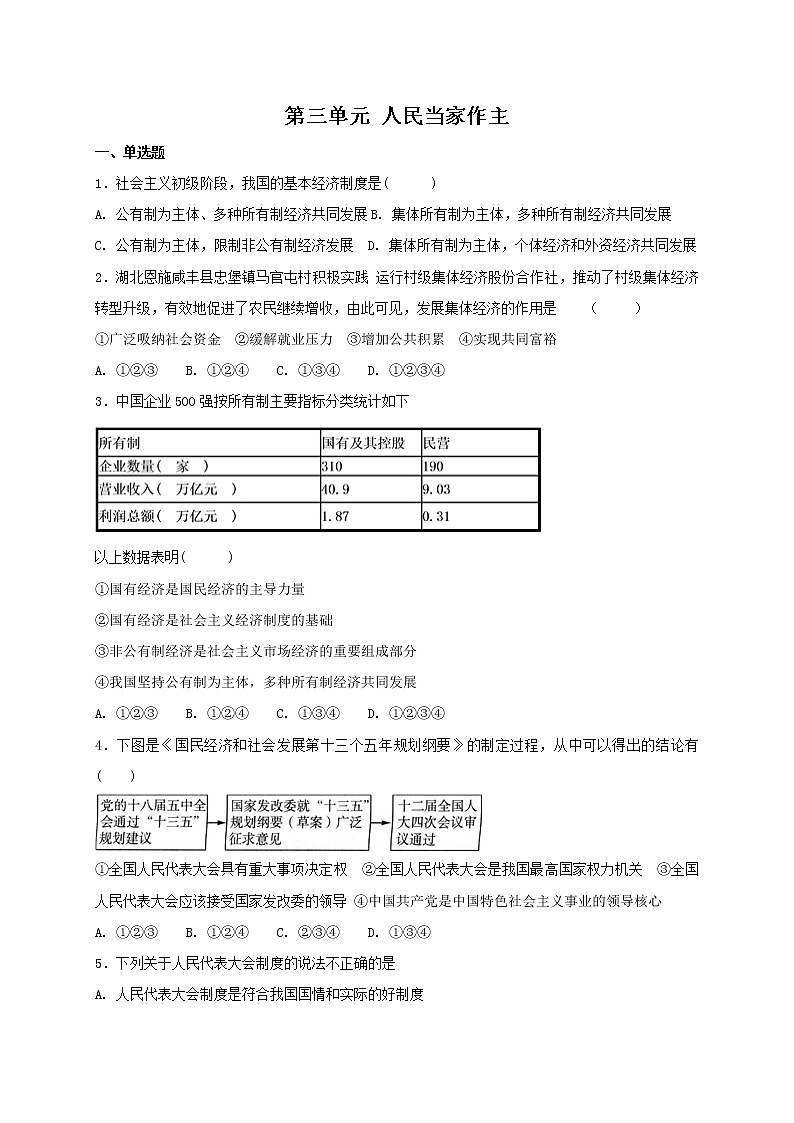 部编版《道德与法治》八年级下册：第三单元 人民当家作主 单元测试01