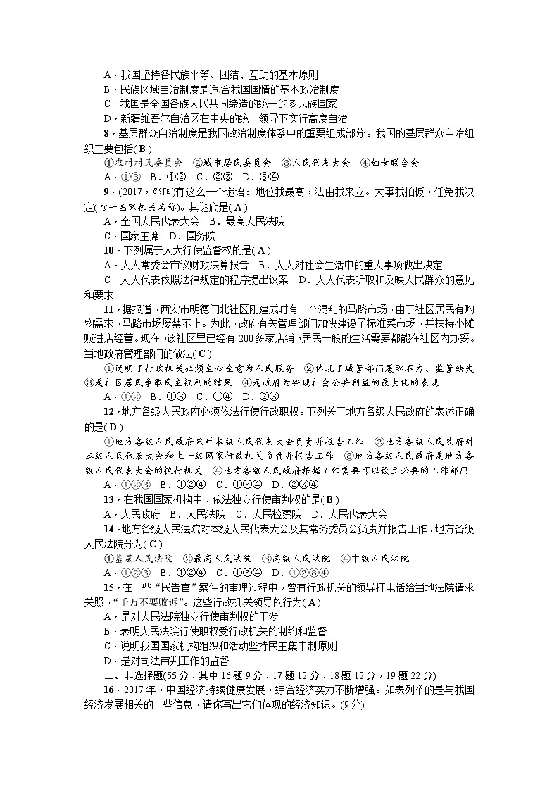 人教（部编2018版）八年级下册道德与法治第3单元人民当家做主测试题（答案版）02