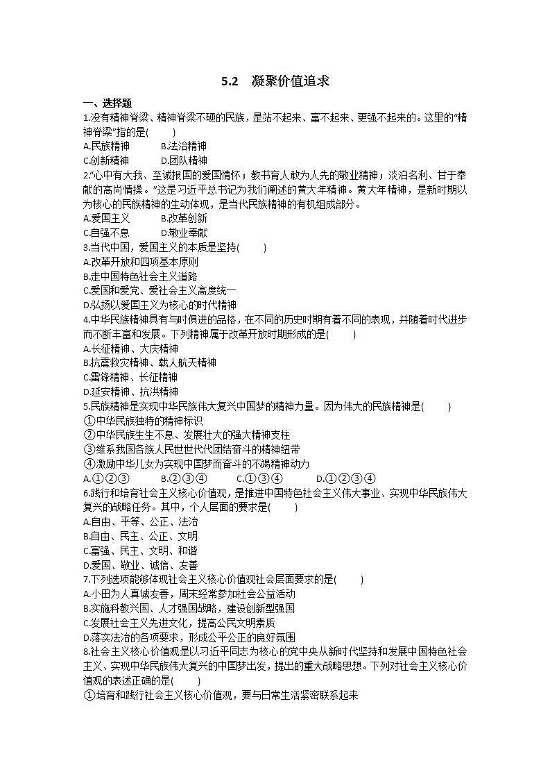 部编版九年级上册道德与法治 5.2 凝聚价值追求 习题第1页