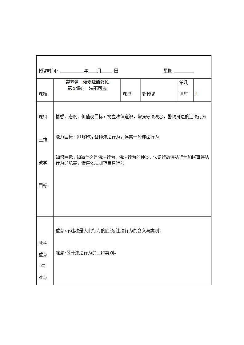 2021-2022学年八年级上册道德与法治5.1 法不可违   教案01