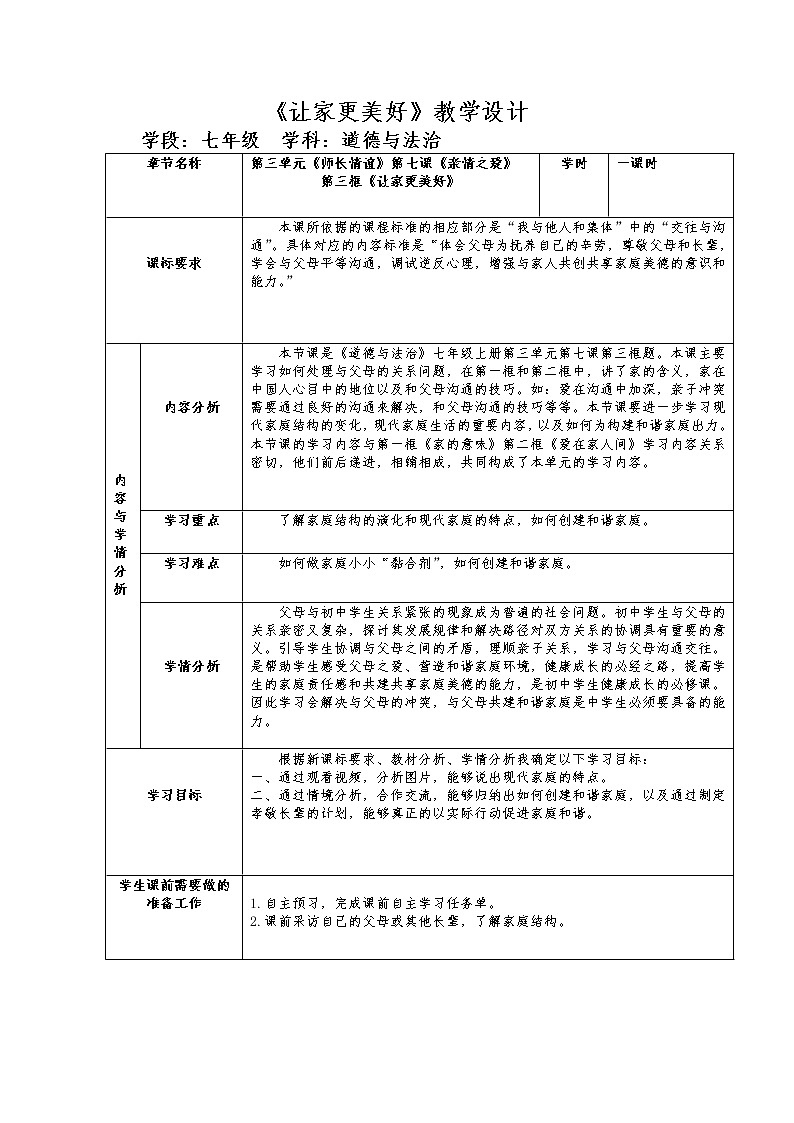 2021-2022学年部编版道德与法治七年级上册 7.3 让家更美好 教案01