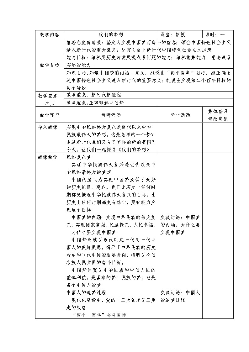 2021-2022学年部编版道德与法治九年级上册 8.1 我们的梦想 教案01