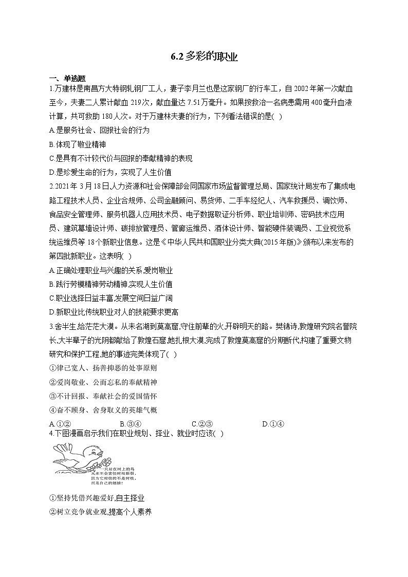 人教部编版九年级道法下册课时作业 6-2多彩的职业 练习01